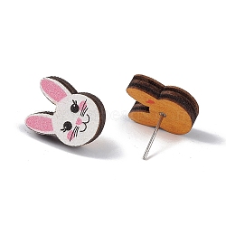 Natual Wood Easter Stud Earrings, 316 Stainless Steel Jewelry for Women, Rabbit Pattern, 14.5x11.5mm, Pin: 0.6mm(EJEW-C013-02B)