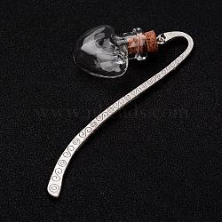Heart Tibetan Style Alloy Glass Wishing Bottle Bookmarks, with Iron Findings, Antique Silver, 85x13x2mm, Capacity: 1ml(0.03 fl. oz)(AJEW-JK00108-02)