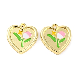 Rack Plating Alloy Enamel Pendants, Cadmium Free & Nickel Free & Lead Free, Heart with Flower Charm, Golden, 18.5x18x2.5mm, Hole: 1.6mm(PALLOY-D023-11G)