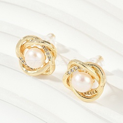 Brass Imitation Pearl Stud Earrings, Round, with Clear Cubic Zirconia, Real 14K Gold Plated, 14.5mm(KK-D301-06G)