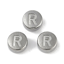 Anti-Tarnish 304 Stainless Steel Beads, Flat Round with Letter, Stainless Steel Color, Letter R, 7x3.8mm, Hole: 1.8mm(STAS-L082-019R-P)