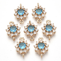 Transparent Glass Links connectors, with Golden Tone Brass Findings and Clear Rhinestone, Faceted, Flower, Dodger Blue, 16x11x5mm, Hole: 1.2mm(GLAA-R212-18C)