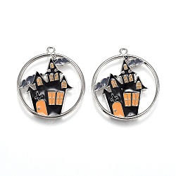 Halloween Theme Alloy Enamel Pendants, Flat Round with Black Haunted House/Castle, Platinum, 24x22x1.5mm, Hole: 1.6mm(ENAM-J649-12P-02)