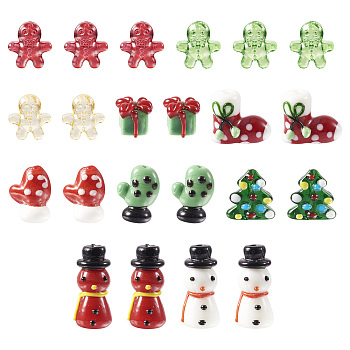 44pcs 10 style Christmas Handmade Lampwork Beads, Snowman/Gift Box/Gloves/Tree, Mixed Color, 10~26x11~18.5x7~13mm, Hole: 1~3mm