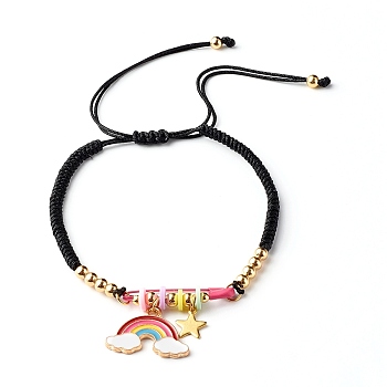 Adjustable Nylon Thread Braided Bead Bracelets, with Polymer Clay & Brass Beads and Alloy Enamel Rainbow Pendant, Black, 1/8 inch(0.35cm), Inner Diameter: 2~4-1/2 inch(5.2~11.3cm)