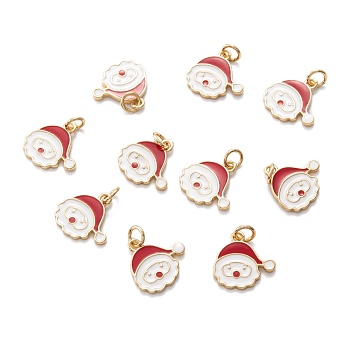 Real 18K Gold Plated Brass Enamel Charms, with Jump Ring, for Christmas, Santa Claus, Red, 14x14x1.5mm, Hole: 3.4mm
