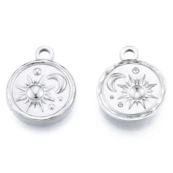 201 Stainless Steel Pendants, Flat Round with Sun & Moon, Stainless Steel Color, 19x15.5x2.5mm, Hole: 2mm
