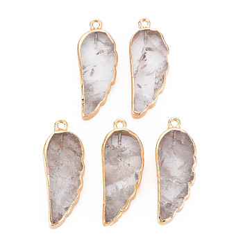 Natural Quartz Crystal Pendants, Rock Crystal Pendants, with Light Gold Plated Iron Loop, Wing, 33~33.5x12~13x5~6mm, Hole: 1.8mm