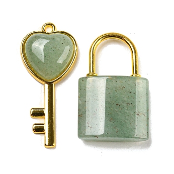 Natural Green Aventurine Pendants, Heart Key & Lock Charms with Golden Plated Alloy Findings, 32.5~38x20~17x6~7mm, Hole: 1.8~2mm, 2pcs/set