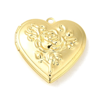 Rack Plating Brass Locket Pendants, Photo Frame Charms for Necklaces, Long-Lasting Plated, Heart with Flower Charm, Real 18K Gold Plated, 29.5x28.5x7.5mm, Hole: 2.2mm, Inner Diameter: 17x21.5mm