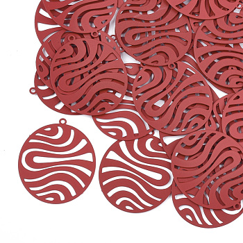 430 Stainless Steel Filigree Pendants, Spray Painted, Etched Metal Embellishments, Oval, Red, 30x25x0.3mm, Hole: 1.2mm