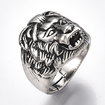 Adjustable Alloy Finger Rings, Wide Band Rings, Lion, Antique Silver, Size 10, 20mm