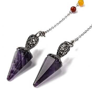 Natural Amethyst Pointed Hexagonal Cone Dowsing Pendulums, with Rack Plating Antique Silver Tone Alloy Findings and 7 Chakra Gemstone Round Beads, Cadmium Free & Lead Free, 213mm