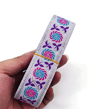 6.5M Ethnic Style Flat Embroidery Polyester Ribbons, Jacquard Ribbon, Garment Accessories, Flower Pattern, Snow, 1-1/4 inch(33mm), about 7.11 Yards(6.5m)/Bundle