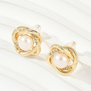 Brass Imitation Pearl Stud Earrings, Round, with Clear Cubic Zirconia, Real 14K Gold Plated, 14.5mm