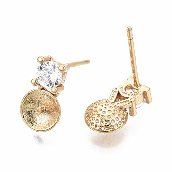 Brass Micro Pave Clear Cubic Zirconia Stud Earring Findings, for Half Drilled Bead, Nickel Free, Real 18K Gold Plated, 11x6mm, Pin: 0.7mm, Pin: 0.6mm(for Half Drilled Bead)