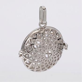 Filigree Flat Round Brass Cage Pendants, For Chime Ball Pendant Necklaces Making, Lead Free & Nickel Free & Cadmium Free, Platinum, 35x34x17mm, Hole: 9x3.5mm, 27mm Inner Diameter
