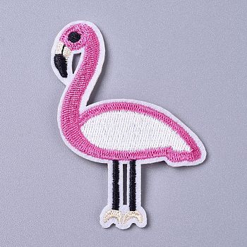 Computerized Embroidery Cloth Iron on/Sew on Patches, Costume Accessories, Appliques, Flamingo Shape, Hot Pink, 73x55x1.5mm