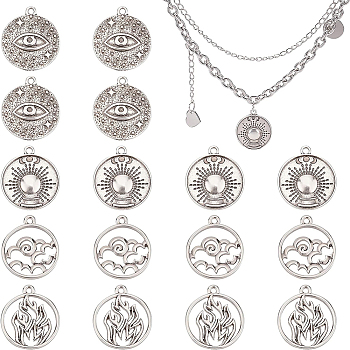 BENECREAT 24Pcs 4 Style Tibetan Style Alloy Pendants, Flat Round, Antique Silver, 23~25x20~21.5x2~3mm, Hole: 1.6~2mm, 6pcs/style