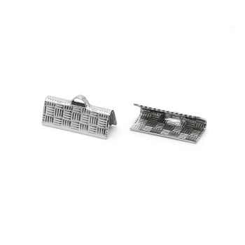 304 Stainless Steel Ribbon Crimp Ends, Stripe, Rectangle, Stainless Steel Color, 7x15mm, Hole: 2.5x1.4mm