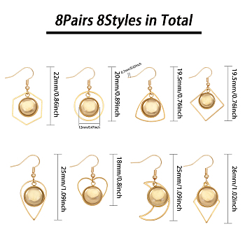 8 Pairs 8 Styles Blank Glass Dome Dangle Earrings, Rhombus & Flower & Hexagon & Heart 304 Stainless Steel Drop Earrings for Women, Golden, 36~43mm, Pin: 0.7mm, 1 Pair/style