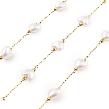 Ion Plating(IP) 304 Stainless Steel Paperclip Chains, Soldered, with ABS Imitation Pearl Beads, Real 18K Gold Plated, Real 18K Gold Plated, 7.5x8x5mm, about 16.40 Feet(5m)/Roll