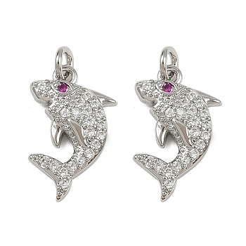 Brass Micro Pave Cubic Zirconia Pendants, Rack Plating, Shark, Lead Free & Cadmium Free, Long-Lasting Plated, with Jump Ring, Platinum, 16x10x3mm, Hole: 1.6mm