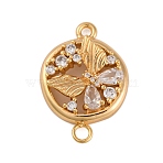 Brass Pave Clear Cubic Zirconia Connector Charms, Cadmium Free & Nickel Free & Lead Free, Flat Round with Butterfly, Real 18K Gold Plated, 23.5x16x5mm, Hole: 1.8mm(KK-Z066-08G)