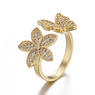 Adjustable Brass Micro Pave Cubic Zirconia Cuff Rings, Open Rings, Long-Lasting Plated, Flower and Butterfly, Clear, Golden, Size 8, 18mm(RJEW-G102-05G)