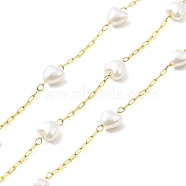 Ion Plating(IP) 316 Surgical Stainless Steel Paperclip Chains, Glass Pearl Heart Beaded Chain, Soldered, with Spool, Real 18K Gold Plated, Link: 2.5x1.5x0.3mm, Heart: 6x6x4mm(CHS-I019-08G)