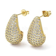 Cubic Zirconia Teardrop Stud Earrings, Real 16K Gold Plated Brass Earrings for Woman, Clear, 20x12mm(EJEW-H137-01G-01)