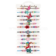 12Pcs 12 Style Flamingo & Butterfly & Starfish & Hamsa Hand with Evil Eye & Flower Alloy Link Braided Bead Bracelets Set, Polymer Clay Beaded Stackable Bracelets for Children, Mixed Color, 7-7/8 inch(20cm), 1Pc/style(BJEW-WH0020-01)
