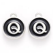 Platinum Plated Alloy Charms, Cadmium Free & Lead Free, with Enamel, Enamelled Sequins, Flat Round with Letter, Letter.Q, 14x12x2mm, Hole: 1.5mm(ENAM-S118-02Q-P)