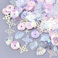 Ornament Accessories, PVC Plastic Paillette/Sequins Beads, Shell & Star & Flat Round, Pink, 3~8x3~8x0.4mm, Hole: 0.9~1mm(X-PVC-N001-17)