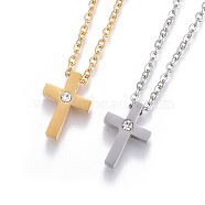 304 Stainless Steel Pendant Necklaces, with Rhinestone and Cable Chains, Cross, Mixed Color, 17.7 inch(45cm), Pendant: 13x9x4mm(NJEW-E141-25)