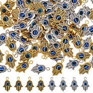 80Pcs 2 Colors Religion Alloy Hamsa Hand Pendants, Blue Evil Eye Resin Charms, Antique Silver & Antique Golden, 20x13x4mm, Hole: 2mm, 40pcs/color(PALLOY-AB00136)