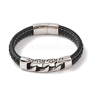 Braided Microfiber Leather Cord Bracelets, 304 Stainless Steel Twisted Chain Bracelets for Men, Black, 8-1/4x5/8 inch(21x1.55cm)(BJEW-B096-09AS)