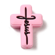 Silicone Beads, Cross with Word Jesus, Pink, 30x22x8mm, Hole: 2.5mm(SIL-Z010-01B)