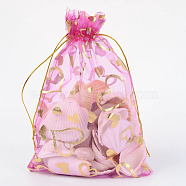 Heart Printed Organza Bags, Gift Bags, Rectangle, Orchid, 18x13cm(OP-R022-13x18-08)