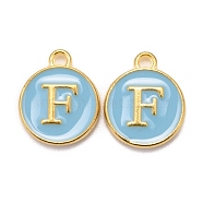 Golden Plated Alloy Enamel Charms, Cadmium Free & Lead Free, Enamelled Sequins, Flat Round with Letter, Sky Blue, Letter.F, 14x12x2mm, Hole: 1.5mm(X-ENAM-S118-04F)