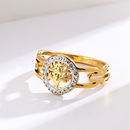 Stainless steel Rhinestone Hollow Ring, Flat Round, Golden, US Size 9(18.9mm)(PW-WG52D5D-01)