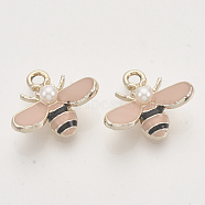 Alloy Enamel Pendants, with ABS Imitation Pearl Plastic Beads, Light Gold, Bee, Pink, 15x17.5x6mm, Hole: 2mm(ENAM-S119-010A)