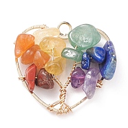 Chakra Natural Gemstone Chip Pendants, Natural Amethyst & Green Aventurine & Lapis Lazuli & Citrine & Red Aventurine & Red Jasper, with Copper Wire Wrapped, Heart with Tree, Light Gold, 25.5x27x8mm, Hole: 2mm(PALLOY-JF01493-01)