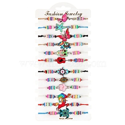 12Pcs 12 Style Flamingo & Butterfly & Starfish & Hamsa Hand with Evil Eye & Flower Alloy Link Braided Bead Bracelets Set, Polymer Clay Beaded Stackable Bracelets for Children, Mixed Color, 7-7/8 inch(20cm), 1Pc/style(BJEW-WH0020-01)