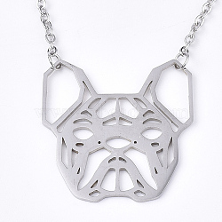 201 Stainless Steel Puppy Pendant Necklaces, with Cable Chains, Filigree Bulldog Head, Stainless Steel Color, 17.3 inch(44cm), 2mm, Bulldog: 29x28.5x1mm(NJEW-T009-JN041-1-40)