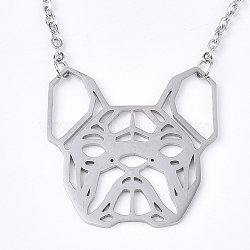 Non-Tarnish 201 Stainless Steel Puppy Pendant Necklaces, with Cable Chains, Filigree Bulldog Head, Stainless Steel Color, 17.3 inch(44cm), 2mm, Bulldog: 29x28.5x1mm(NJEW-T009-JN041-1-40)