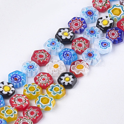 Millefiori Lampwork Beads Strands, Hexagon, Mixed Color, 8~8.5x8~8.5x3mm, Hole: 1mm, about 48pcs/strand, 14.9 inch(X-LAMP-S191-04)