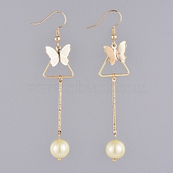 Dangle Earrings, with Glass Pearl Round Beads, Iron Bar Links, Brass Pendant and Earring Hooks, Butterfly & Triangle, Lemon Chiffon, 77mm, Pin: 0.7mm(EJEW-JE03973-02)