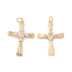 Brass & Glass & Cubic Zirconia Pendants, Cross Charm, Real 18K Gold Plated, 26x19x3mm, Hole: 3mm(KK-G468-12G)