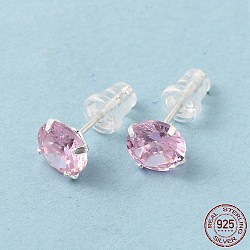 Cubic Zirconia Diamond Stud Earrings, 925 Sterling Silver Jewelry for Women, Pink, 15~16x7mm, Pin: 0.8mm(STER-M105-01C-S)